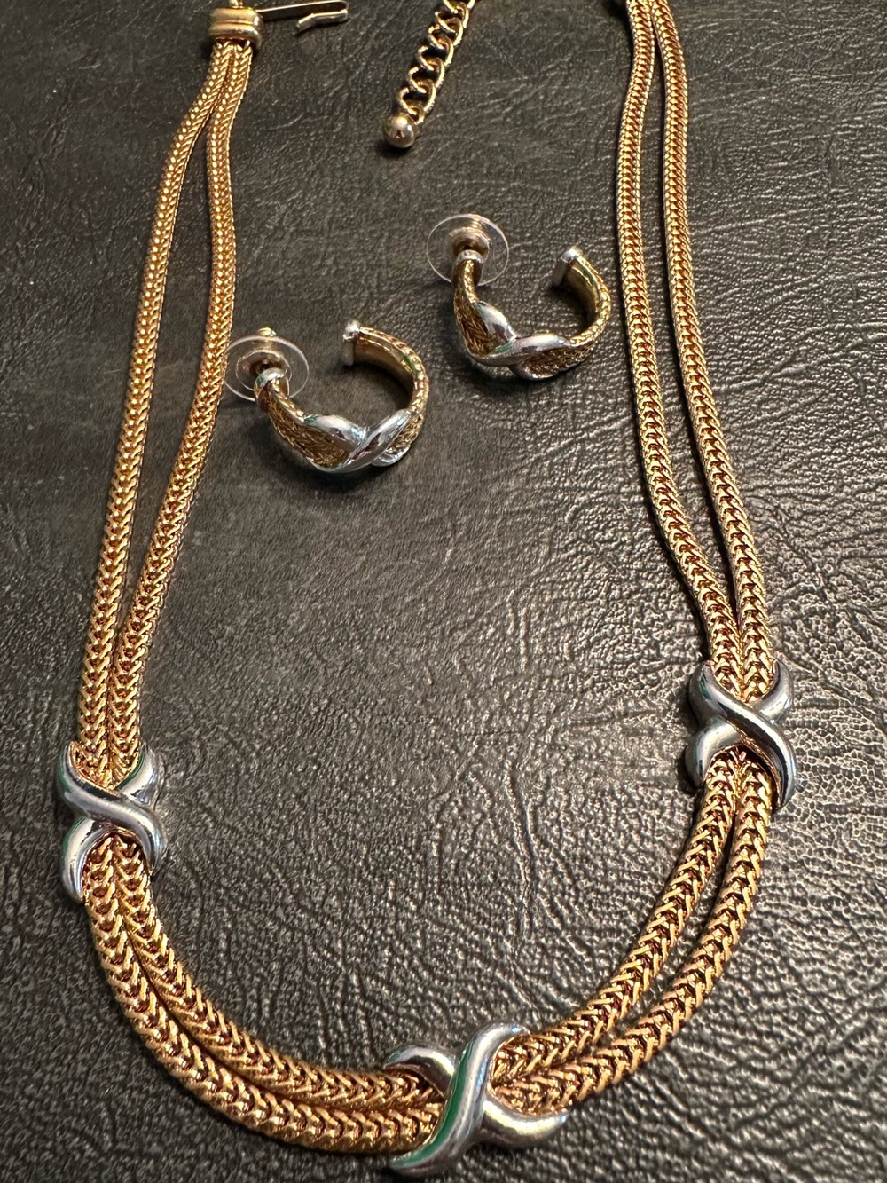 Avon Two-Tone Gold & Silver X-Link Necklace and Hoop Earrings Set